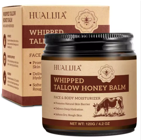 HUALIJIA 120g Grass Fed Beef Tallow Honey Balm Private Label Organic Skincare Whipped Tallow Cream for Face Body Moisturizer